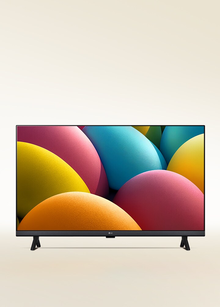 Ein Kunstwerk aus orangefarbenen, gelben, rosa und blauen Kieselsteinen auf einem LG HD TV.