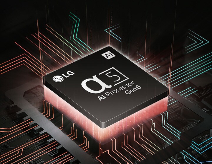 Der alpha 5 AI-Prozessor Gen6 von LG mit rot- und grünfarbenem Licht an der Unterseite sowie bunten Leiterbahnen, die vom AI-Prozessor abzweigen.
