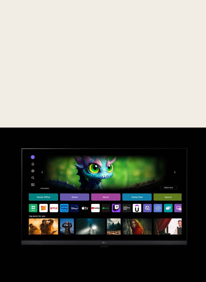 webOS-Startbildschirm mit Cursor, der auf die Initiale in der linken oberen Ecke klickt, um zu einem anderen Profil zu gelangen.