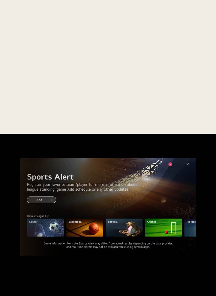 webOS-Startbildschirm mit Cursor, der auf die Quick Card „Game“ und dann auf „Sport“ klickt, beides führt zu Bildschirmen mit verwandten Inhalten.