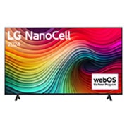 Frontansicht LG NanoCell TV, NANO80, auf dem Schirm der Text «LG NanoCell 2024» und das Logo von webOS Re:New Program