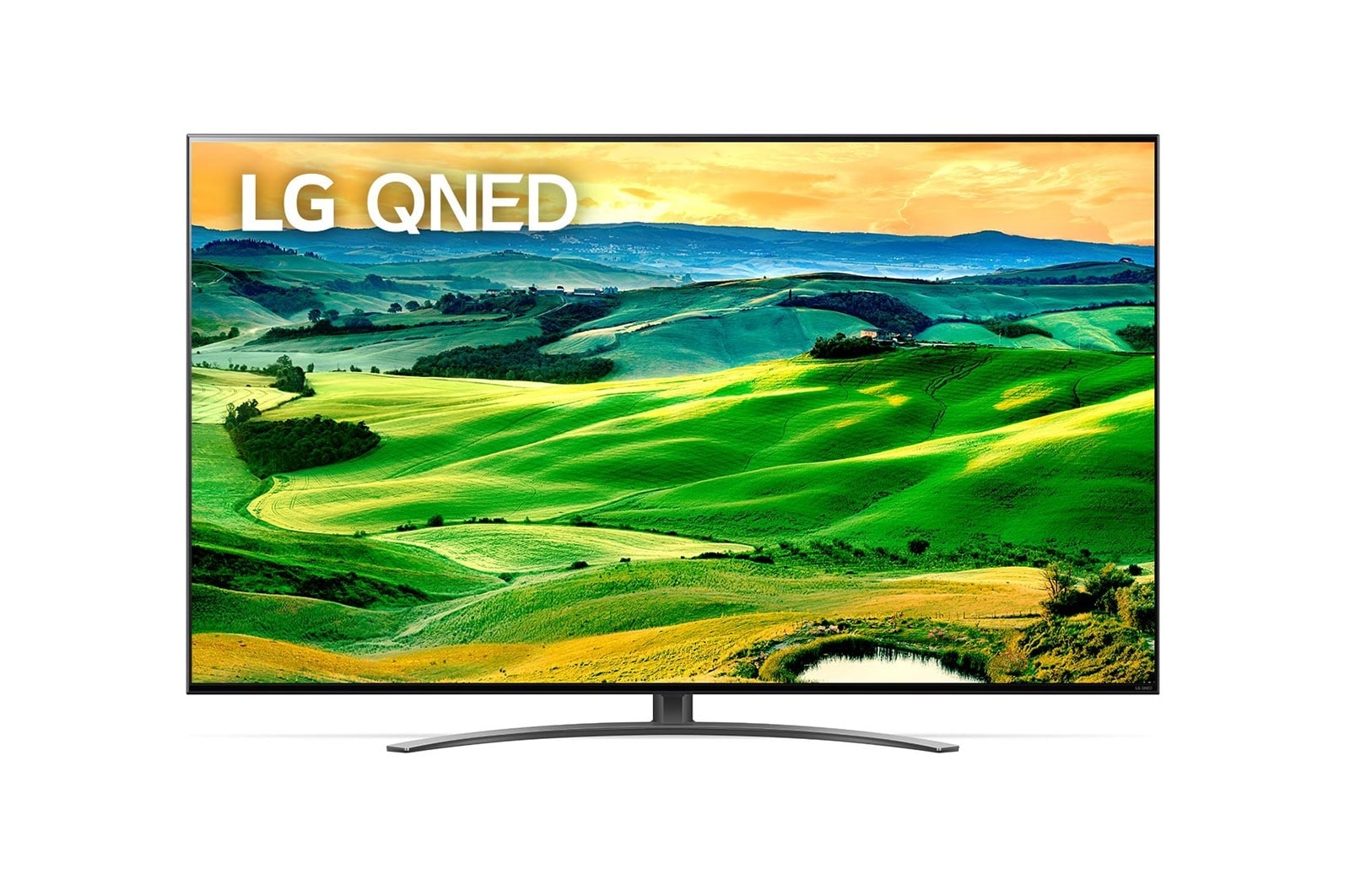 Een vooraanzicht van de LG QNED TV met invulbeeld en productlogo op