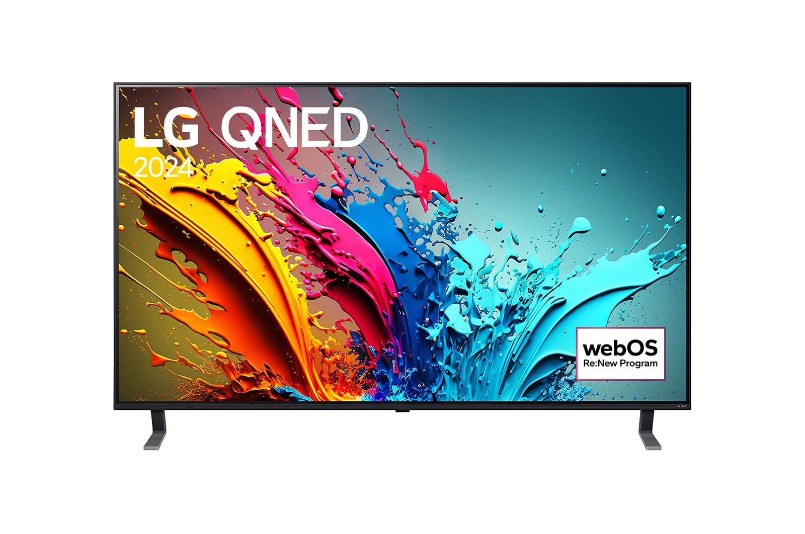 Ansicht der Vorderseite des LG QNED TV, QNED85 mit Text LG QNED und 2024 auf dem Bildschirm