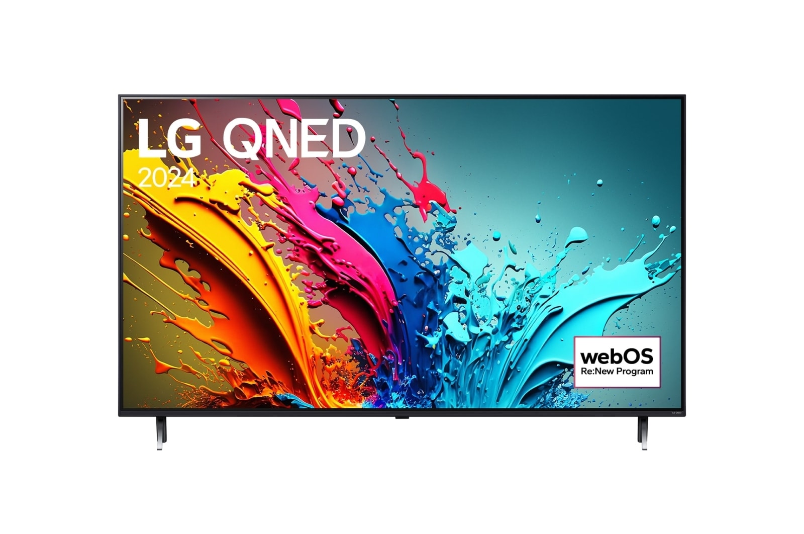 Ansicht der Vorderseite des LG QNED TV, QNED85 mit Text LG QNED und 2024 auf dem Bildschirm