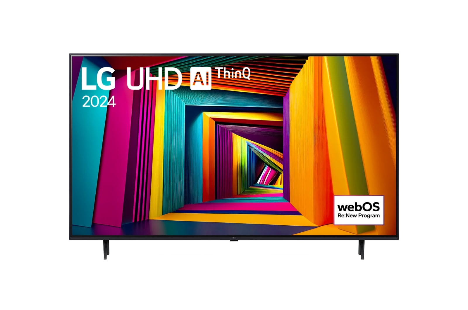 Vorderansicht des LG UHD Fernsehers, UT90 mit Text von LG UHD AI ThinQ und 2024 auf dem Bildschirm