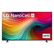 Frontansicht LG NanoCell TV, NANO80, auf dem Schirm der Text «LG NanoCell 2024» und das Logo von webOS Re:New Program