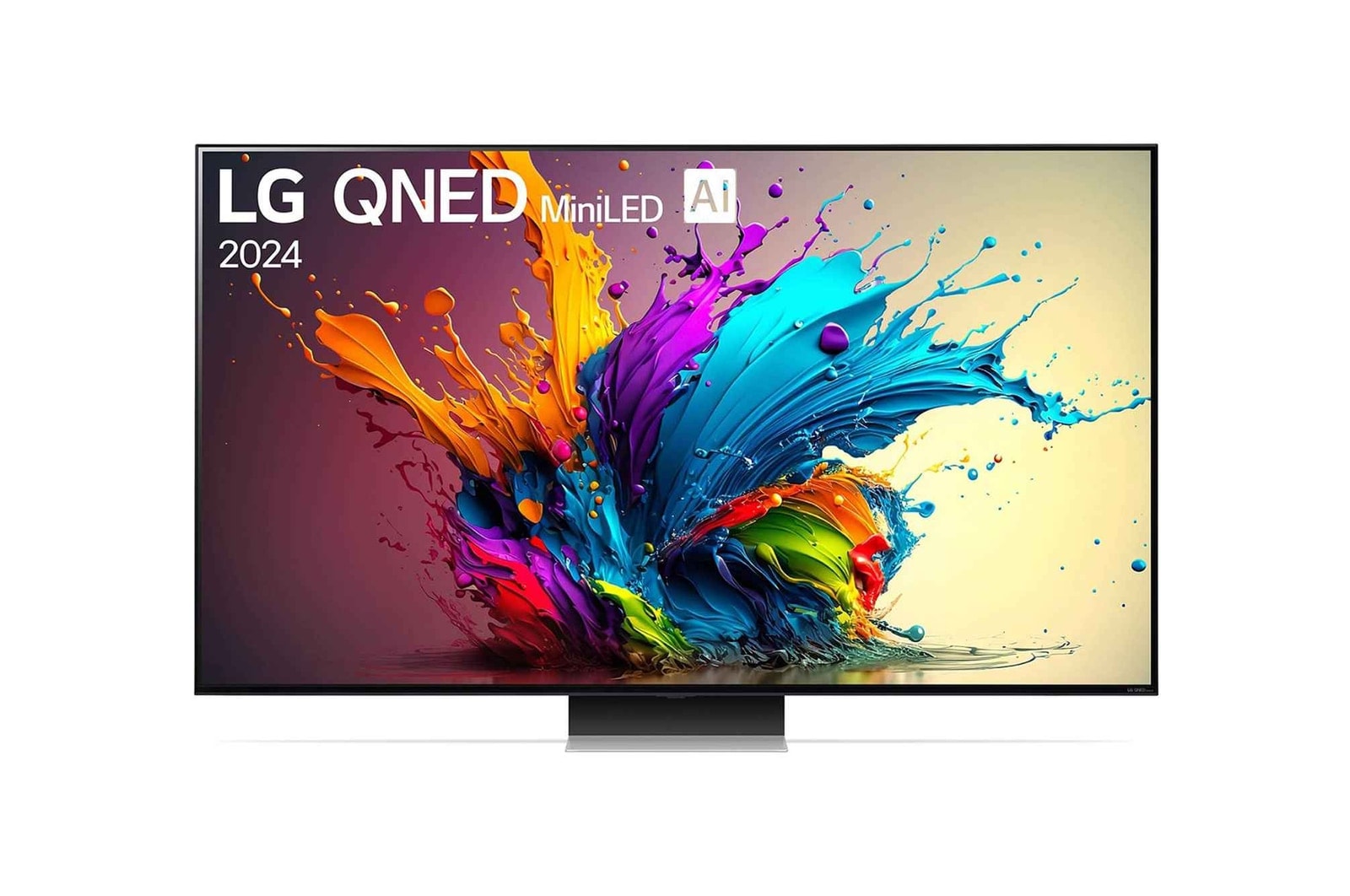 Front view of LG QNED TV, QNED91 with text of LG QNED MiniLED and 2024 on screen