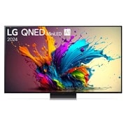 Front view of LG QNED TV, QNED91 with text of LG QNED MiniLED and 2024 on screen