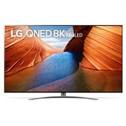 Een vooraanzicht van de LG QNED TV met invulbeeld en productlogo op