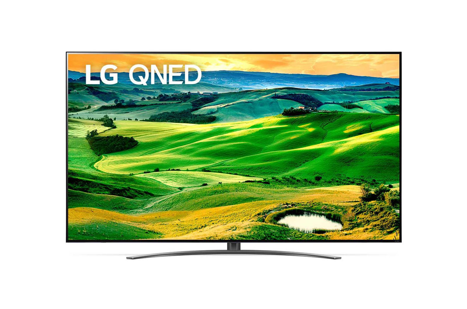 Een vooraanzicht van de LG QNED TV met invulbeeld en productlogo op