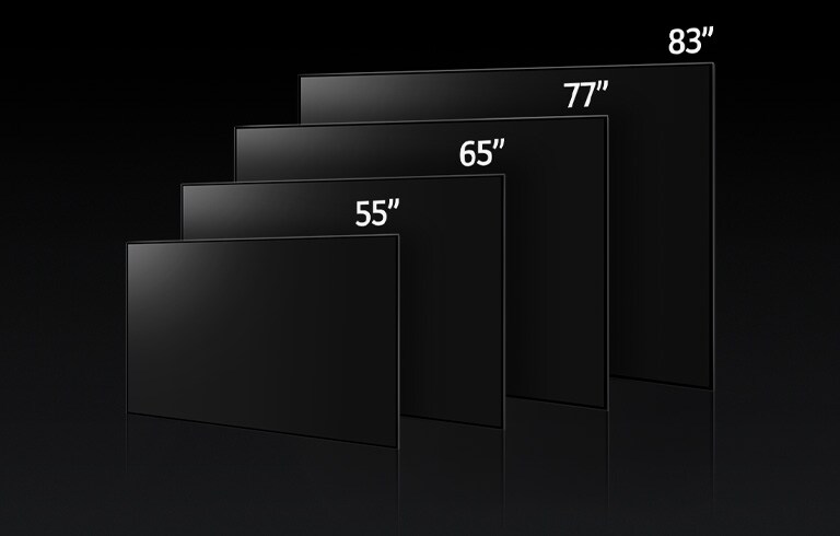 Ein Bild, auf dem die verschiedenen Grössen der LG OLED evo TV G3-Serie verglichen werden - mit 55 Zoll, 65 Zoll, 77 Zoll und 83 Zoll.