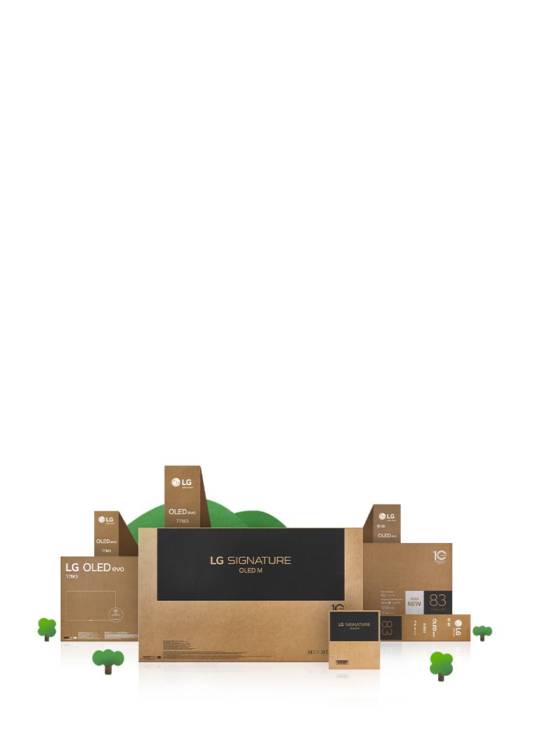 Umweltfreundliche LG OLED-Kartonverpackungen, auf denen blühende Bäume und Berge abgebildet sind.