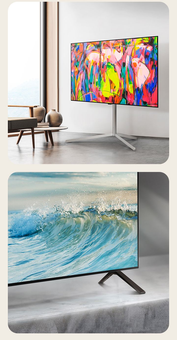 Eine untere Ecke des LG OLED TV B4 steht auf einer Marmorfläche. Eine blaue Welle ist auf dem Bildschirm zu sehen.   Der LG OLED TV B4 auf einem Ständer in einem minimalistischen Raum.
