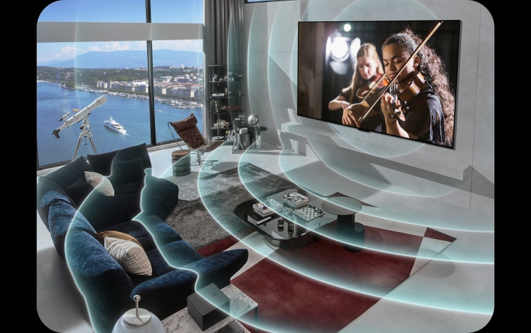 LG OLED evo M4 moderniame miesto bute. Vaizdas uždengiamas tinkleliu, kuris tarsi skenuoja erdvę, o tada iš ekrano sklinda mėlynos garso bangos, puikiai užpildančios patalpą garsu.