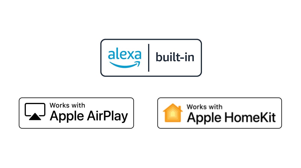 Vier Logos werden in der folgenden Reihenfolge angezeigt: Hey Google, alexa built-in, Works with Apple AirPlay, Works with Apple HomeKit.