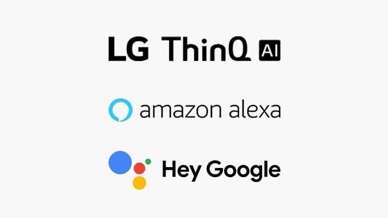 Die Logos für LG ThinQ AI, Google Assistant und Amazon Alexa sind senkrecht auf weißem Hintergrund ausgerichtet.
