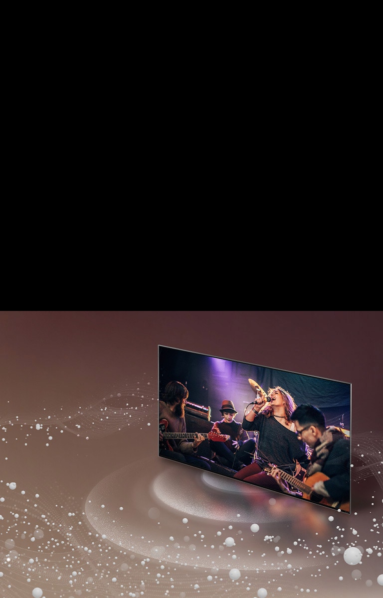 LG TV mit Klangblasen und Wellen, die vom Bildschirm ausgehen und den Raum füllen.	