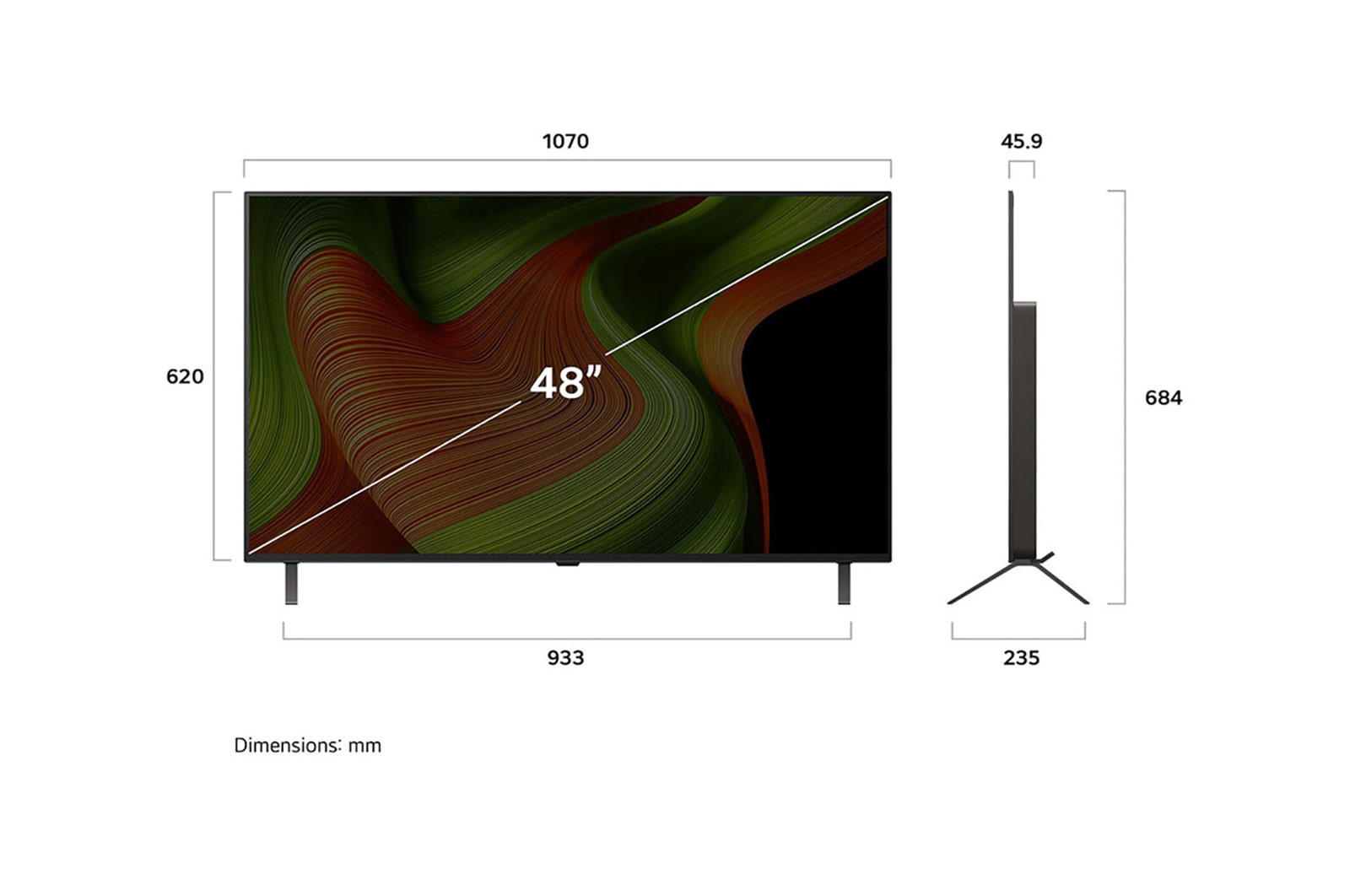 Frontansicht und Seitenansicht des LG OLED AI B5 4K Smart TV mit den Abmessungen der Länge, Breite, Höhe und Tiefe.