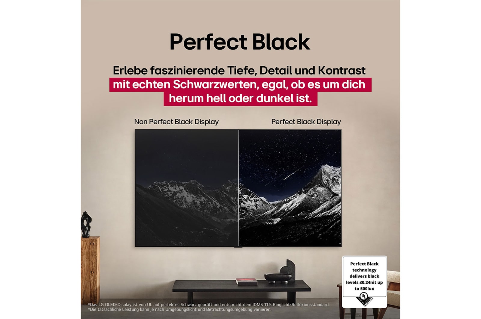 Ein Wohnzimmer mit einem an der Wand montierten LG OLED-Fernseher. Auf dem Fernseher ist eine Bergkette vor einem dunklen Abendhimmel voller Sterne zu sehen. Diese Szene ist in zwei Hälften geteilt. Die eine Seite zeigt eine trübe, graue Version der Landschaft mit der Bezeichnung Non Perfect Black Display. Auf der anderen Seite ist ein angenehmeres Bild mit einem größeren Dynamikbereich von Schwarz und Weiß zu sehen. Dies ist mit Perfect Black Display gekennzeichnet. Auch die Logo-Zertifizierung ist sichtbar: Perfect Black Technology liefert Schwarzwerte von 0,24 nit oder weniger bis zu 500 Lux. 