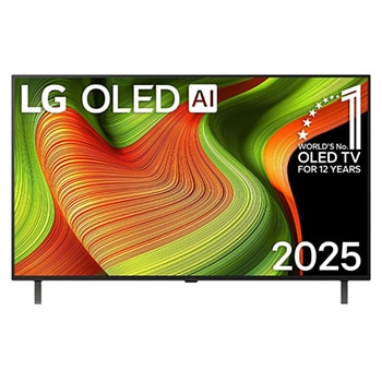 Frontansicht des LG OLED AI B5 4K Smart TV. "12 Years of world number 1 OLED"-Emblem und das "LG OLED AI 2025"-Logo sind auf dem Bildschirm zu sehen.