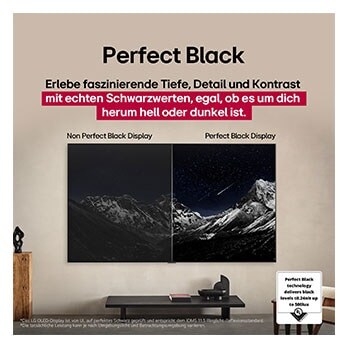 Ein Wohnzimmer mit einem an der Wand montierten LG OLED-Fernseher. Auf dem Fernseher ist eine Bergkette vor einem dunklen Abendhimmel voller Sterne zu sehen. Diese Szene ist in zwei Hälften geteilt. Die eine Seite zeigt eine trübe, graue Version der Landschaft mit der Bezeichnung Non Perfect Black Display. Auf der anderen Seite ist ein angenehmeres Bild mit einem größeren Dynamikbereich von Schwarz und Weiß zu sehen. Dies ist mit Perfect Black Display gekennzeichnet. Auch die Logo-Zertifizierung ist sichtbar: Perfect Black Technology liefert Schwarzwerte von 0,24 nit oder weniger bis zu 500 Lux. 