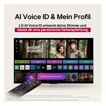 Auf dem Bildschirm eines LG OLED-Fernsehers befindet sich die webOS 25-Startseite, die mit Apps und Unterhaltungsinhalten gefüllt ist. Neben dem Fernseher befindet sich die LG AI Magic Remote-Fernbedienung. Der AI Button ist hervorgehoben, als ob sie durch die Stimme des Benutzers aktiviert wurde. Daneben befindet sich eine Sprechblase, die auf "Mein Profil" umschaltet. Der kurze Text erklärt, wie Nutzer nun ihre Stimme mit ihrem persönlichen Profil synchronisieren können, um eine einfachere Navigation und personalisierte Empfehlungen zu erhalten.
