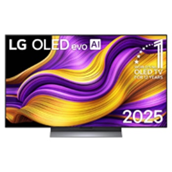 Frontansicht des LG OLED evo AI G5 4K Smart TV. Ein "12 Years of world number 1 OLED" -Emblem und das &quot;LG OLED AI 2025&quot;-Logo sind auf dem Bildschirm zu sehen.