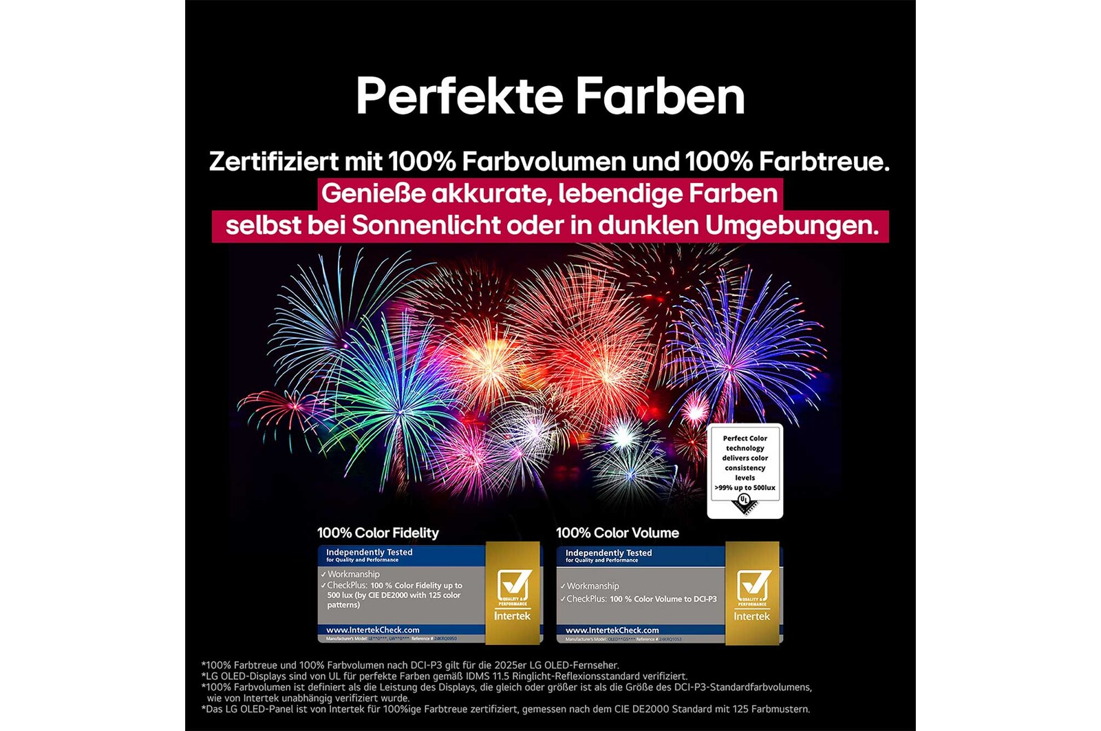 Ein Wohnzimmer mit einem an der Wand montierten LG OLED-Fernseher. Auf dem Fernseher ist eine Bergkette vor einem dunklen Abendhimmel voller Sterne zu sehen. Diese Szene ist in zwei Hälften geteilt. Die eine Seite zeigt eine trübe, graue Version der Landschaft mit der Bezeichnung Non Perfect Black Display. Auf der anderen Seite ist ein angenehmeres Bild mit einem größeren Dynamikbereich von Schwarz und Weiß zu sehen. Dies ist mit Perfect Black Display gekennzeichnet. Auch die Logo-Zertifizierung ist sichtbar: Perfect Black Technology liefert Schwarzwerte von 0,24 nit oder weniger bis zu 500 Lux. 