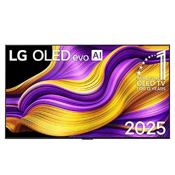 Frontansicht des LG OLED evo AI G5 4K Smart TV. Ein "12 Years of world number 1 OLED" -Emblem und das &quot;LG OLED AI 2025&quot;-Logo sind auf dem Bildschirm zu sehen.