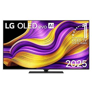 Frontansicht des LG OLED evo AI G5 4K Smart TV. Ein "12 Years of world number 1 OLED" -Emblem und das &quot;LG OLED AI 2025&quot;-Logo sind auf dem Bildschirm zu sehen.