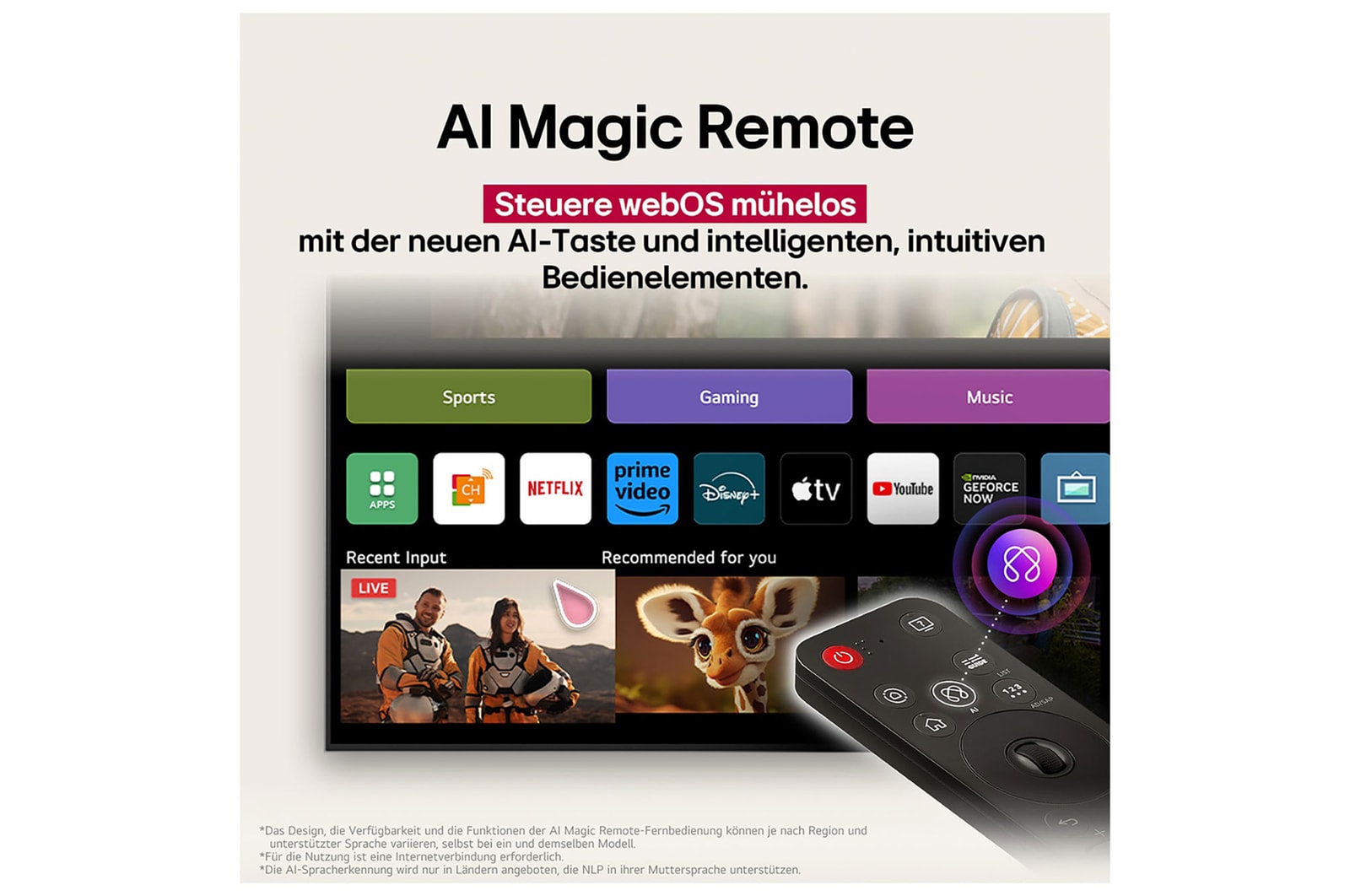 LG AI Magic Remote-Fernbedienung im Vordergrund. Der AI Button ist hervorgehoben. Im Hintergrund ist die LG webOS-Oberfläche zu sehen. Der Mauszeiger zeigt an, dass die Fernbedienung in Gebrauch ist. Der Text erklärt, wie die Funktionen und Bedienelemente der Fernbedienung das Navigieren in webOS erleichtern. 