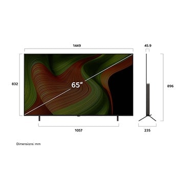 Frontansicht und Seitenansicht des LG OLED AI B5 4K Smart TV mit den Abmessungen der Länge, Breite, Höhe und Tiefe.