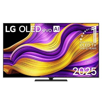 Frontansicht des LG OLED evo AI G5 4K Smart TV. Ein "12 Years of world number 1 OLED" -Emblem und das &quot;LG OLED AI 2025&quot;-Logo sind auf dem Bildschirm zu sehen.