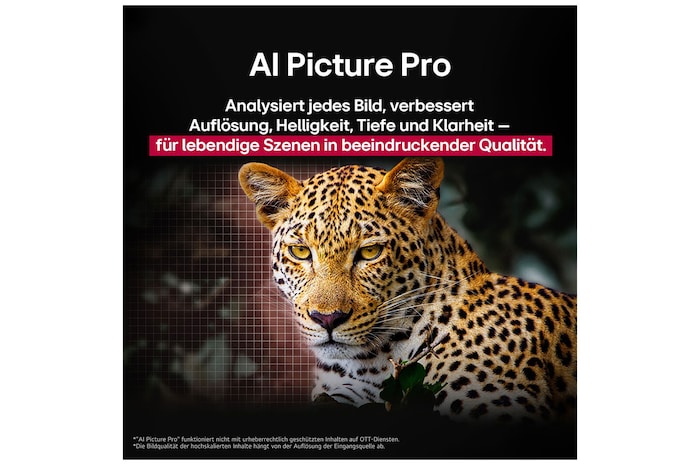 Leopard im Wald in lebendigen Farben und Details. Der Leopard hat ein Gitter und ein Licht, das dahinter leuchtet, was anzeigt, wie LG AI Picture Pro beeindruckende visuelle Verbesserungen an der Auflösung, Helligkeit, Tiefe und Klarheit der Szene vorgenommen hat.
