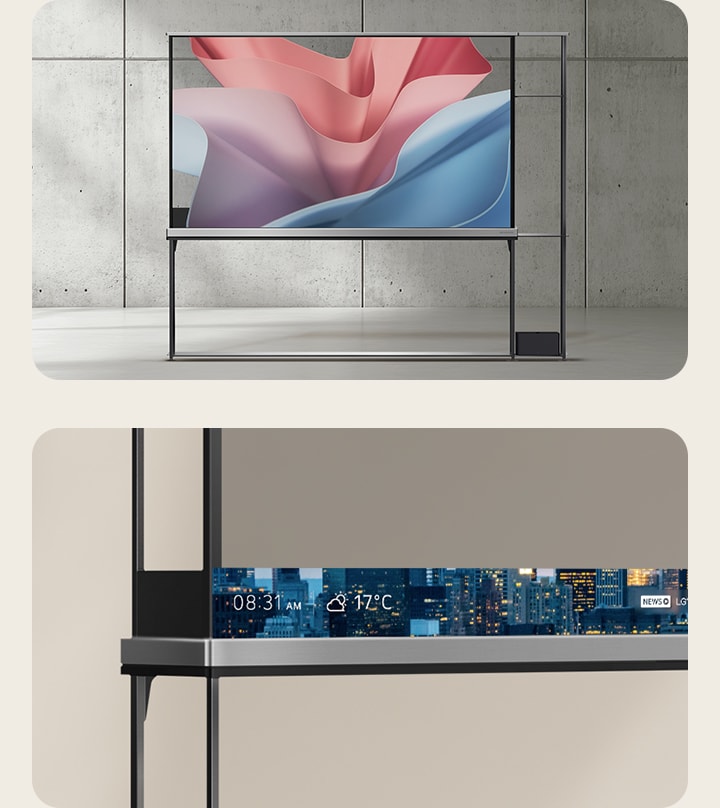 Vorderansicht des LG SIGNATURE OLED T mit abstraktem Hintergrund auf einem transparenten Bildschirm.   Linke Ecke eines LG SIGNATURE OLED T mit der T-Bar, die Zeit und Wetter vor dem Hintergrund einer Großstadt anzeigt. 