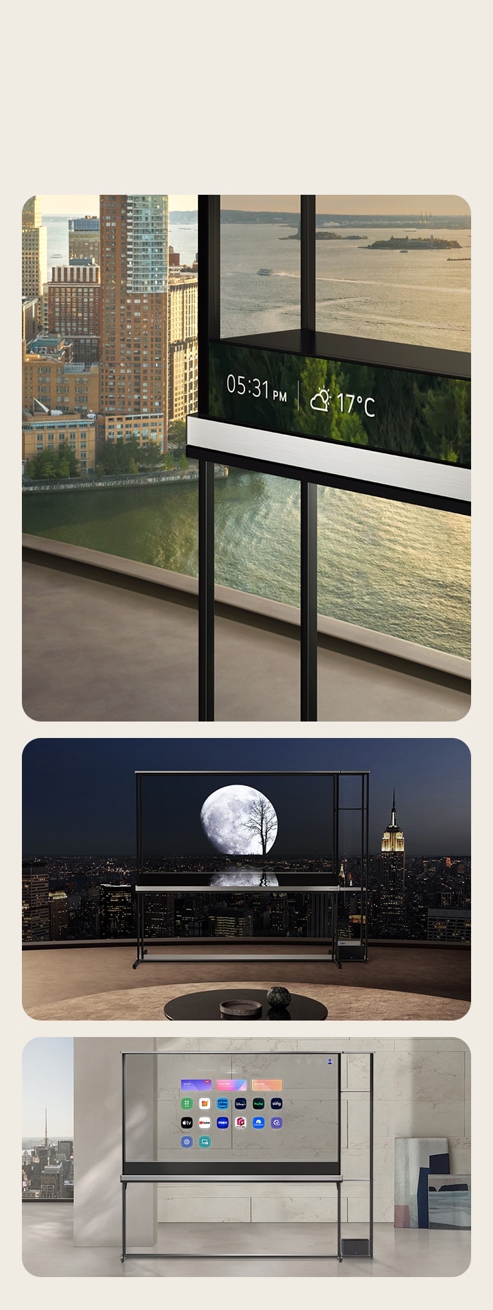 Verschiedene Blickwinkel der T-Contents auf dem LG Signature OLED T im transparenten Modus. Eines zeigt eine Nahaufnahme der Informationsleiste. Das andere zeigt die LG webOS-Symbole, die scheinbar in der Luft schweben. Noch eins zeigt eine Visualisierung eines Mondes, der mit dem tatsächlichen Abendhorizont vor dem Fenster verschmilzt.