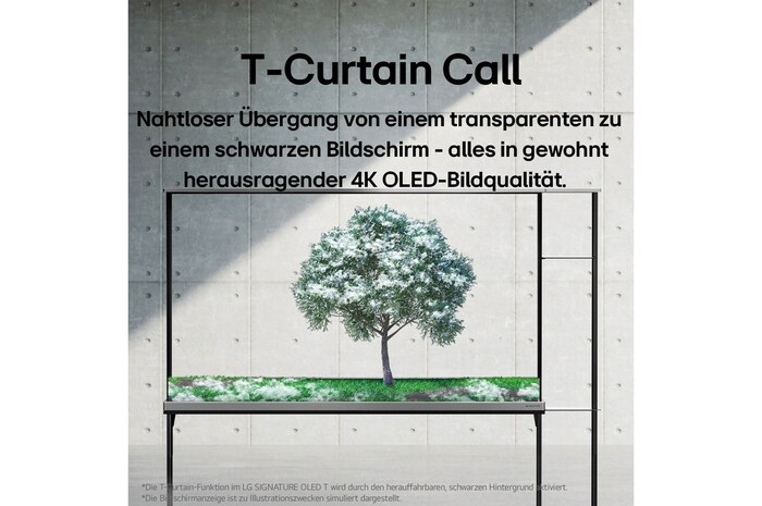 Rückansicht des LG SIGNATURE OLED T mit hochgezogenem Schirm, um den schwarzen Hintergrund und die Rückseite einer Zero Connect Box zu zeigen.