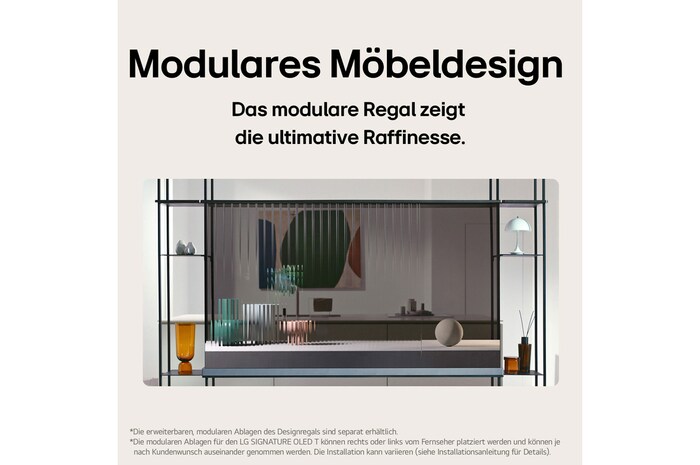 Vorderansicht des LG SIGNATURE OLED T mit einem angebrachten modularen Regal und eine Seitenansicht des LG SIGNATURE OLED T mit Abmessungen.