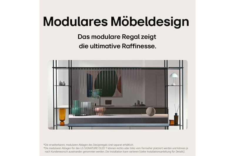 Vorderansicht des LG SIGNATURE OLED T mit einem angebrachten modularen Regal und eine Seitenansicht des LG SIGNATURE OLED T mit Abmessungen.