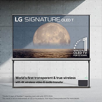 Vorderseite von 77 Zoll LG SIGNATURE OLED T, der weltweit erste transparente und komplett kabellose OLED TV OLED77T49LA