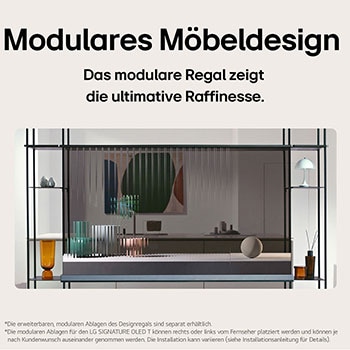 Vorderansicht des LG SIGNATURE OLED T mit einem angebrachten modularen Regal und eine Seitenansicht des LG SIGNATURE OLED T mit Abmessungen.