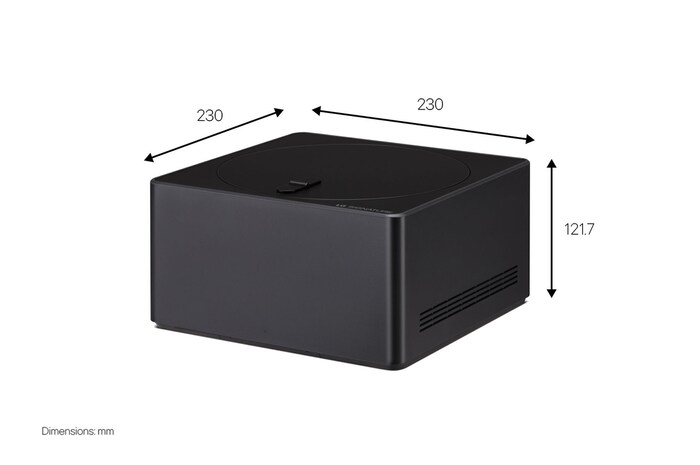 Seitenansicht des LG SIGNATURE OLED T mit der Zero Connect Box direkt darunter auf dem Boden. 