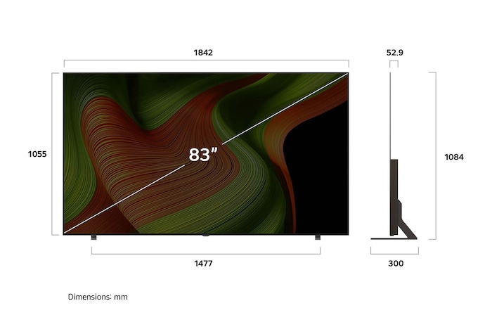 Frontansicht und Seitenansicht des LG OLED AI B5 4K Smart TV mit den Abmessungen Länge, Breite, Höhe und Tiefe.
