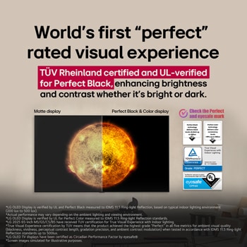 LG OLED TV zeigt einen visuellen Vergleich zwischen einem Display mit Perfektes Schwarz und Perfekte Farbe und einem ohne. UL-, TÜV- und Eyesafe-Zertifizierungen sind sichtbar, mit Text, der auffordert, die Markierungen zu überprüfen.