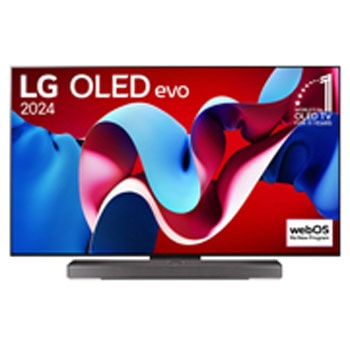 Frontansicht mit LG OLED evo TV, OLED C4, 11 Years of world number 1 OLED Emblem und webOS Re:New Program Logo auf dem Bildschirm