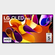 Vorderansicht mit LG OLED evo TV G4, Emblem „Bester OLED seit 11 Jahren“ und Logo „5-Jahre-Panel-Garantie“ auf dem Bildschirm