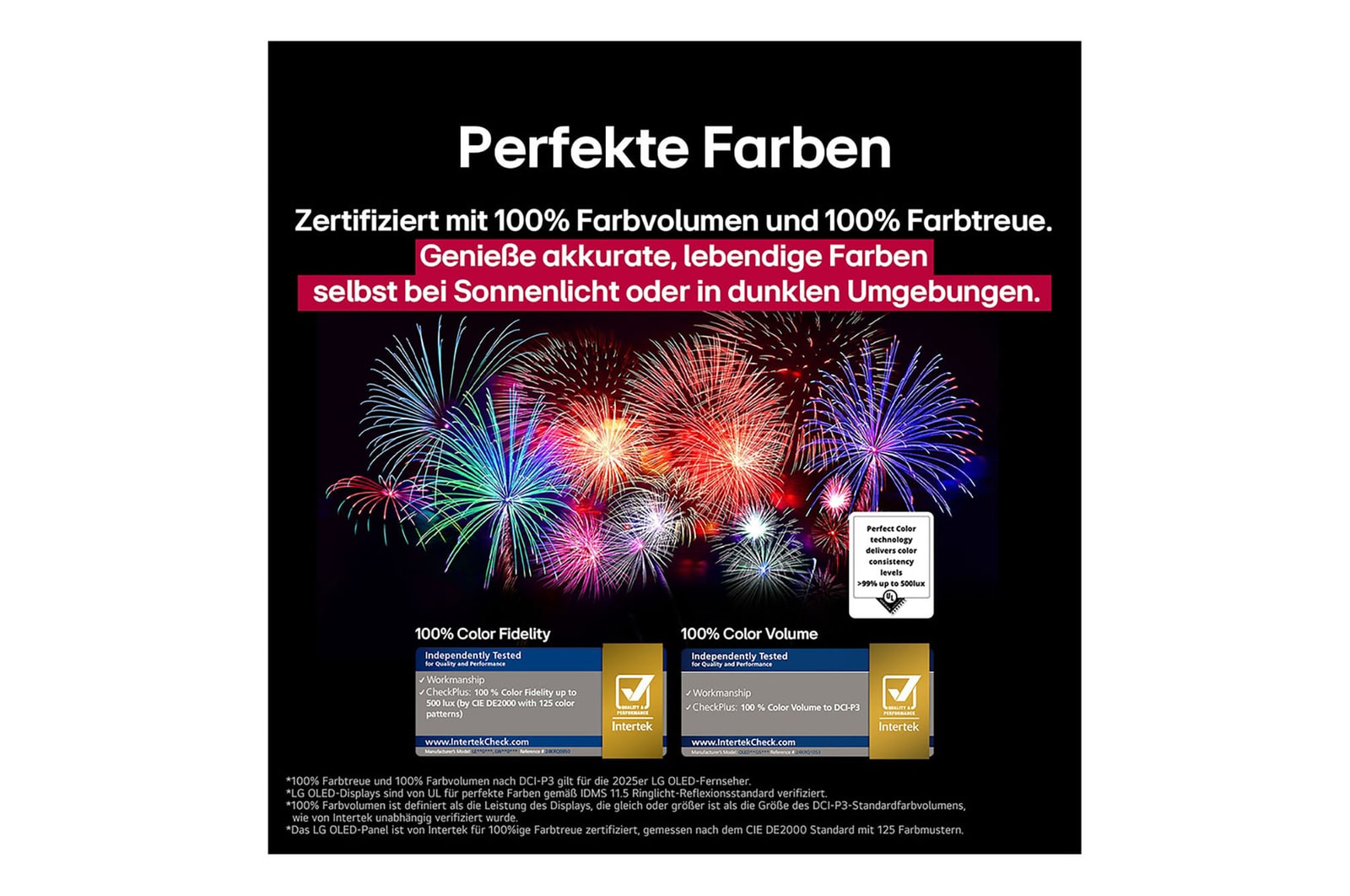 Ein Wohnzimmer mit einem an der Wand montierten LG OLED-Fernseher. Auf dem Fernseher ist eine Bergkette vor einem dunklen Abendhimmel voller Sterne zu sehen. Diese Szene ist in zwei Hälften geteilt. Die eine Seite zeigt eine trübe, graue Version der Landschaft mit der Bezeichnung Non Perfect Black Display. Auf der anderen Seite ist ein angenehmeres Bild mit einem größeren Dynamikbereich von Schwarz und Weiß zu sehen. Dies ist mit Perfect Black Display gekennzeichnet. Auch die Logo-Zertifizierung ist sichtbar: Perfect Black Technology liefert Schwarzwerte von 0,24 nit oder weniger bis zu 500 Lux. 
