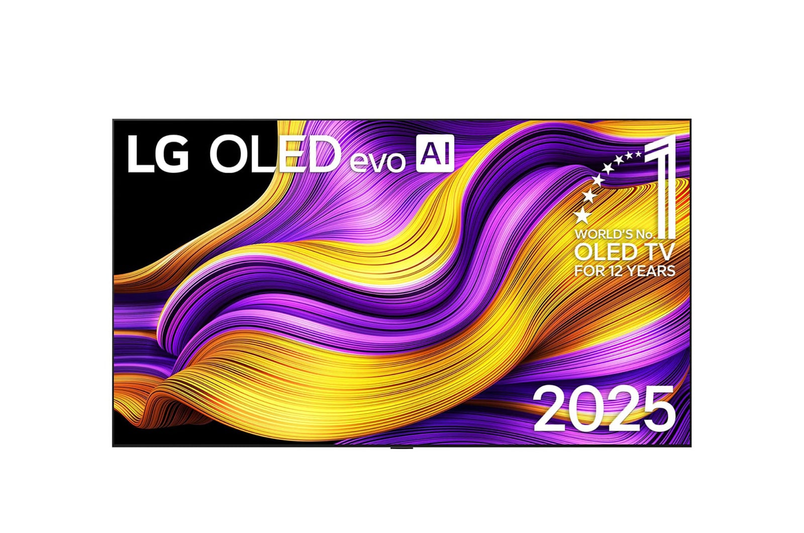 Frontansicht des LG OLED evo AI G5 4K Smart TV. Ein "12 Years of world number 1 OLED" -Emblem und das &quot;LG OLED AI 2025&quot;-Logo sind auf dem Bildschirm zu sehen.