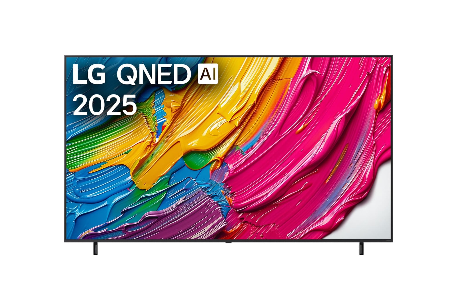 Frontansicht des LG QNED80 TV, LG QNED Al Logo in der oberen Ecke. LG QNED TV zeigt farbenfrohe, malerische Texturen, die zusammenkommen.