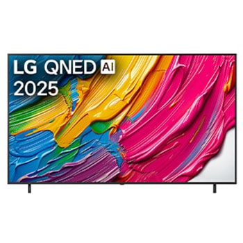 Frontansicht des LG QNED80 TV, LG QNED Al Logo in der oberen Ecke. LG QNED TV zeigt farbenfrohe, malerische Texturen, die zusammenkommen.
